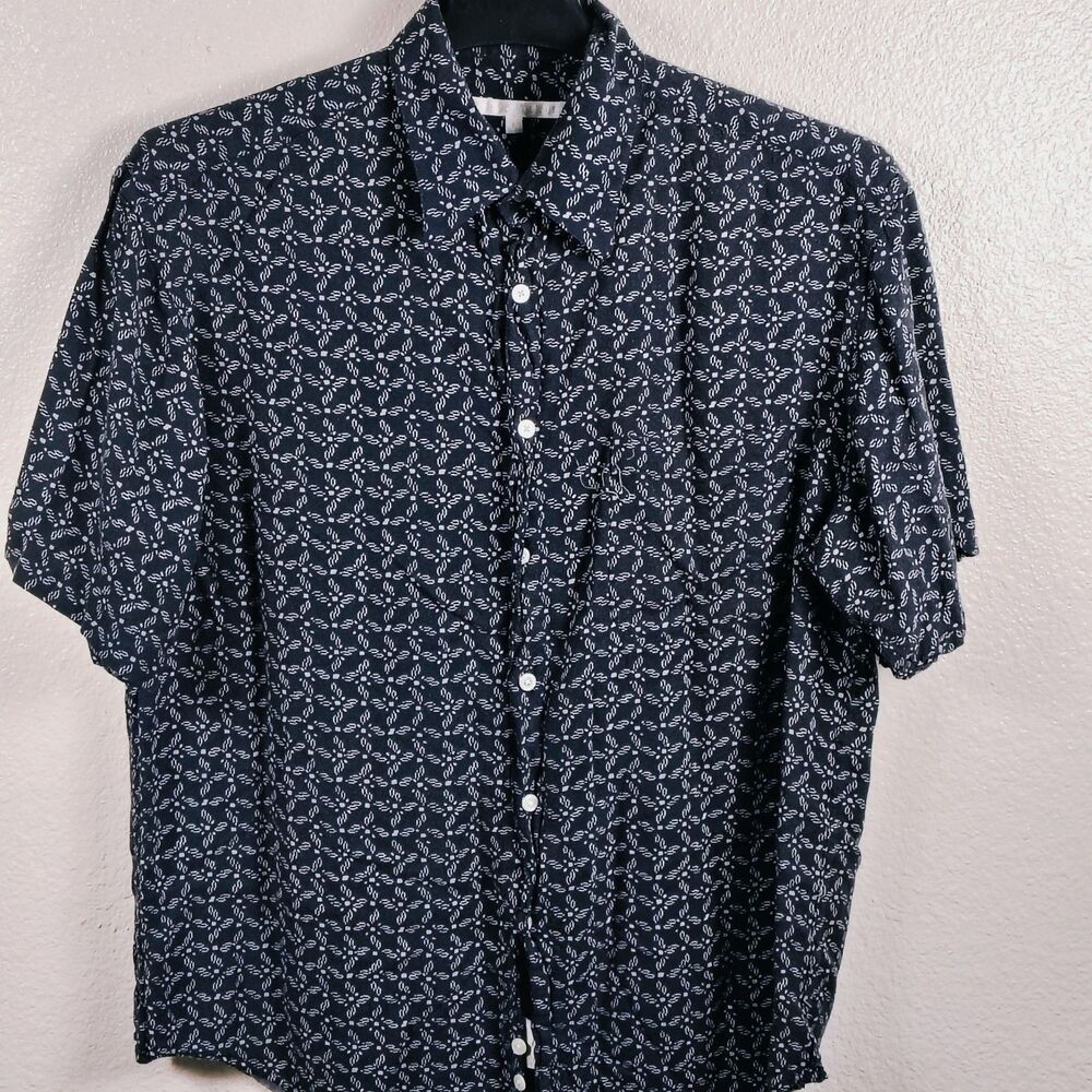 Perry Ellis Mens Geometric Pattern Button Down Grey Dress Shirt Short Sleeve